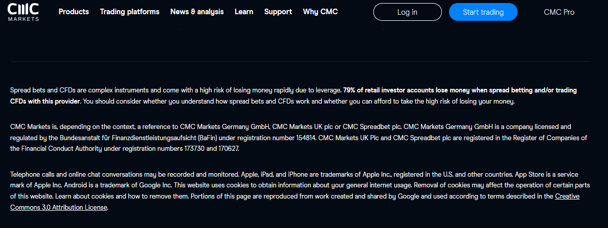 CMC Market FCA registration numbers discloser text